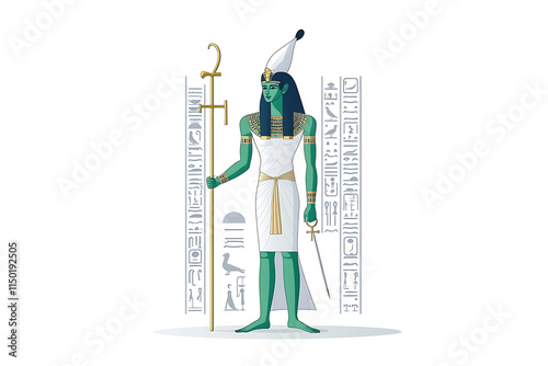 A detailed depiction of Osiris, the Egyptian god of the afterlife, portrayed as a regal and serene figure. He is shown with green skin symbolizing rebirth, dressed in traditional white robes  photo