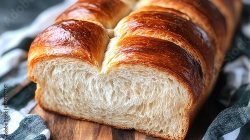 A close-up view of a soft and fluffy, braided loaf of bread sitting on a wooden cutting board, highlighting its golden crust and inviting appearance. photo