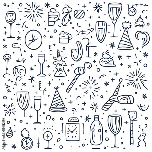 Symmetrical Line Art Vector Pattern of New Year Icons with Interconnected Design and Clean Central Space