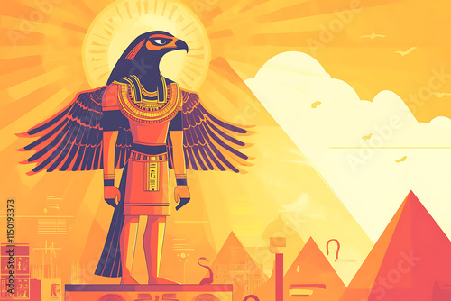 A majestic depiction of Ra, the ancient Egyptian sun god, represented with a falcon head crowned by a solar disk encircled by a serpent. The scene is set against a radiant golden sky  photo