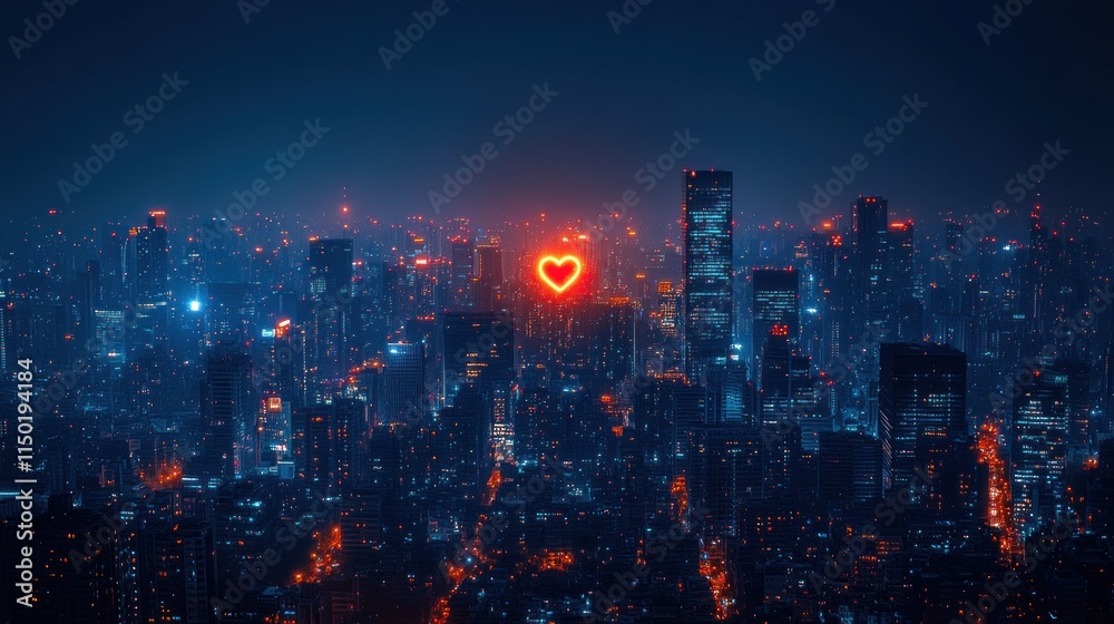 Obraz premium Night city skyline, glowing heart.