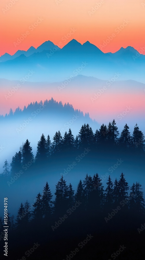Obraz premium A serene landscape featuring misty mountains at sunrise, with dark silhouettes of trees in the foreground and soft pastel colors in the sky.