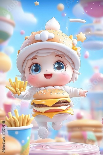 Wallpaper Mural Adorable burger-baby character, floating amidst fries and sweets Torontodigital.ca
