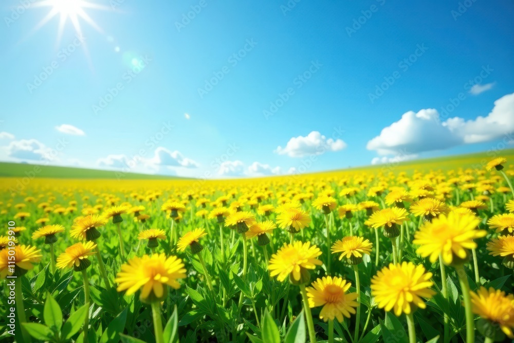 Fototapeta premium A sea of bright yellow dandelions covers the lush green grass under a brilliant blue sky with a few wispy clouds, wildflowers, flowers