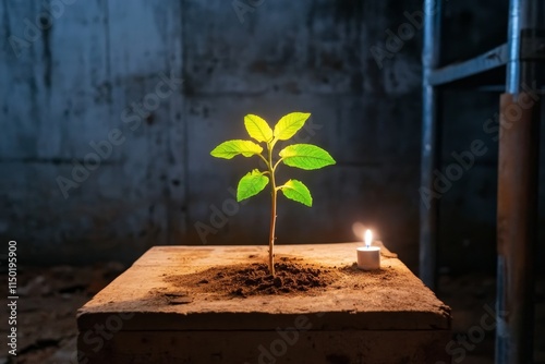 A haunting depiction of a genetically modified plant glowing eerily in a shadowy lab, surrounded by ancient-looking equipment and faint candlelight