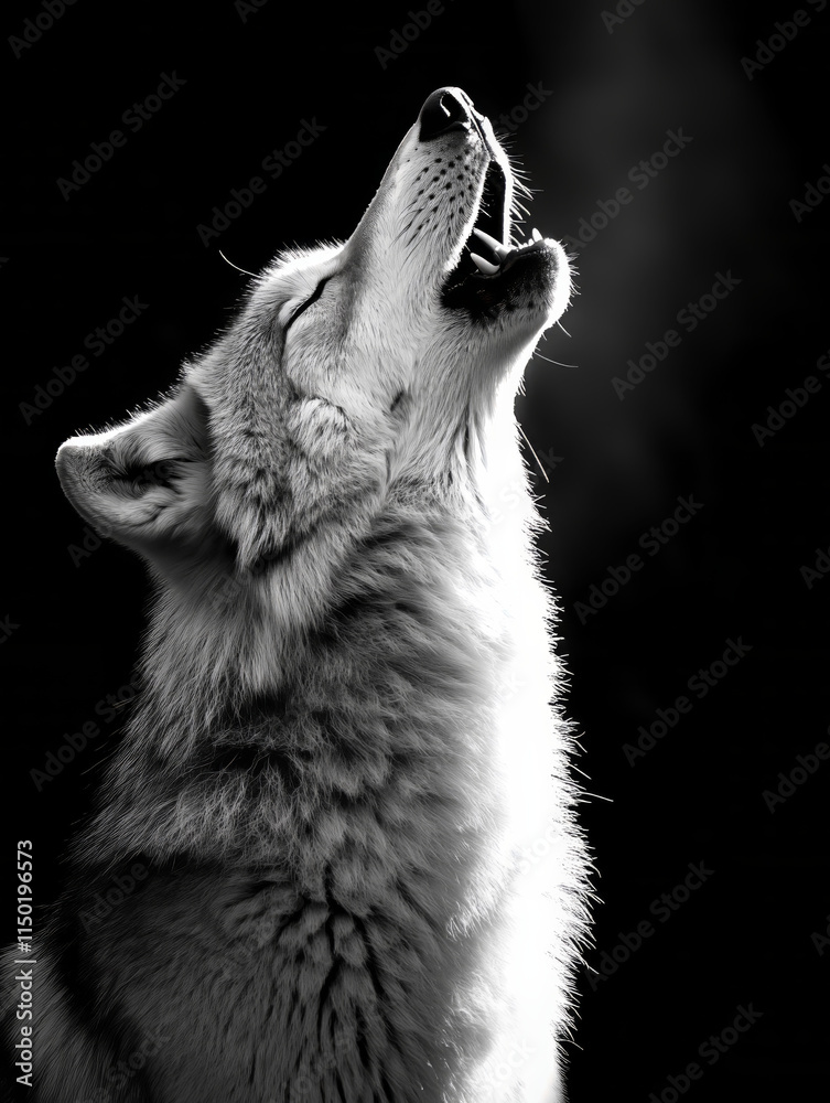Fototapeta premium A lone wolf howls into the night, highlighted by dramatic lighting, with its breath visible in a cold atmosphere.
