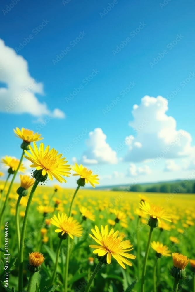 Fototapeta premium Field of Yellow Dandelions Under a Bright Blue Sky, landscape, countryside