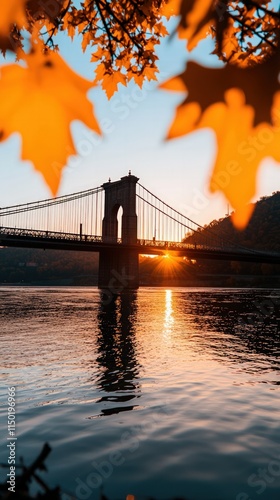 Sunset Over Brooklyn Bridge New York City Scenic View Autumn Colors Natural Beauty