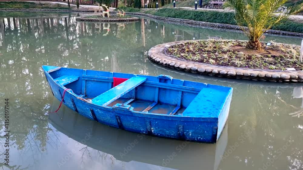 Blue boat in the middle of the lake, there are no people in it Blue boat in the middle of the lake, there are no people in it