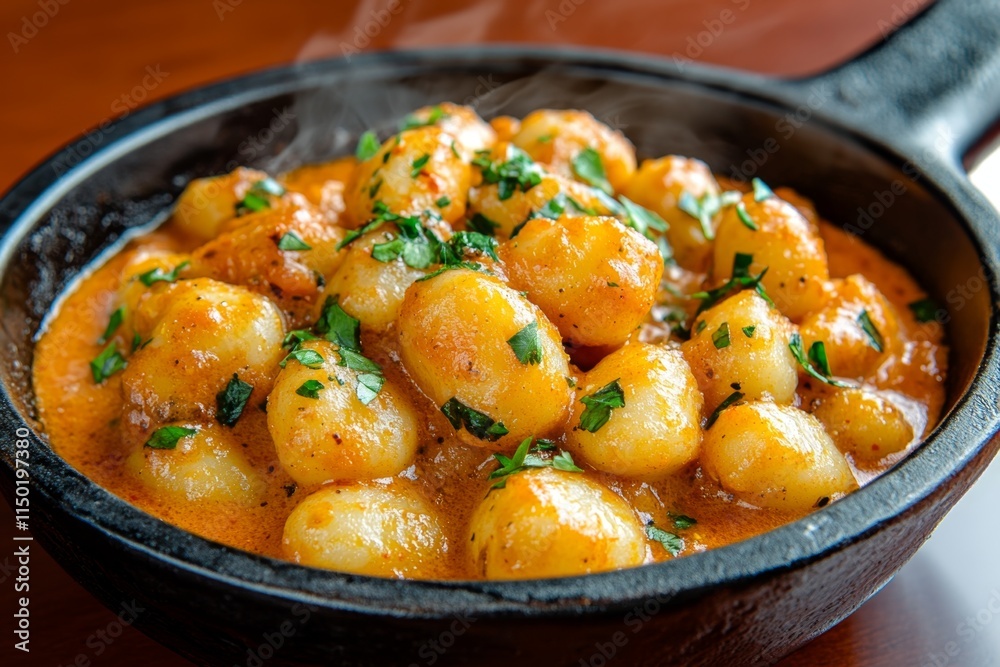 A hyper-realistic close-up of gnocchi covered in a rich tomato sauce, capturing every detail of the texture and steam A hyper-realistic close-up of gnocchi covered in a rich tomato sauce, capturing every detail of the texture and steam