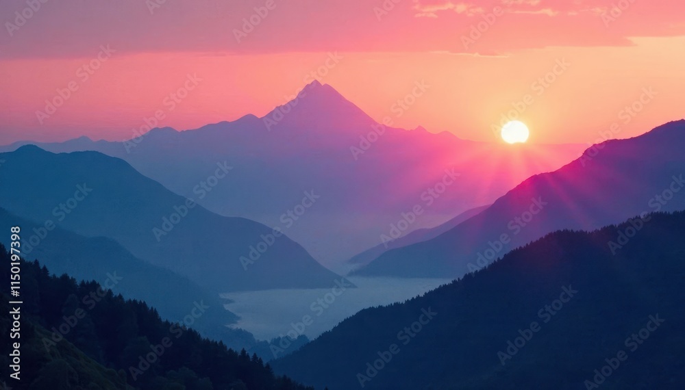 Fototapeta premium Gradient sunset behind a misty mountain range, sky, ombre