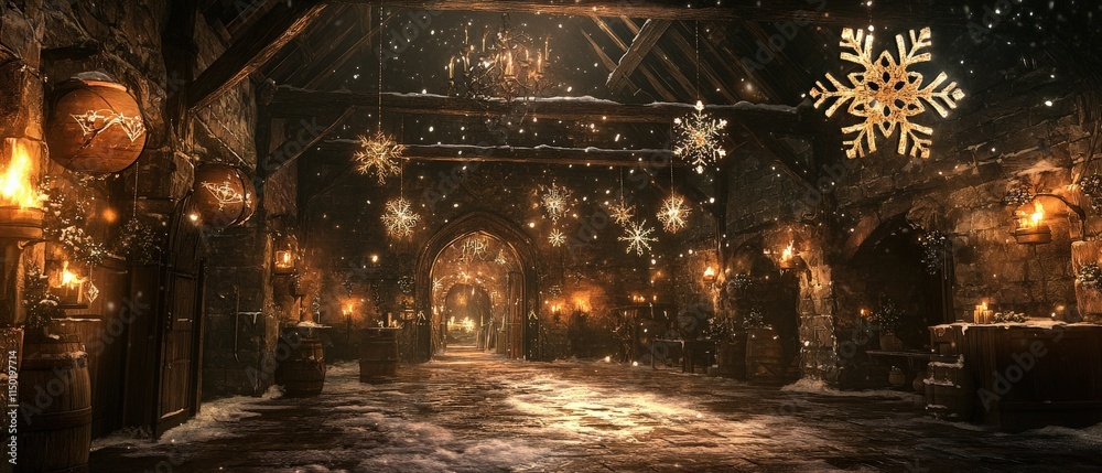 Naklejka premium Winter celebration event in a cozy medieval tavern festive atmosphere warm lighting inviting decor