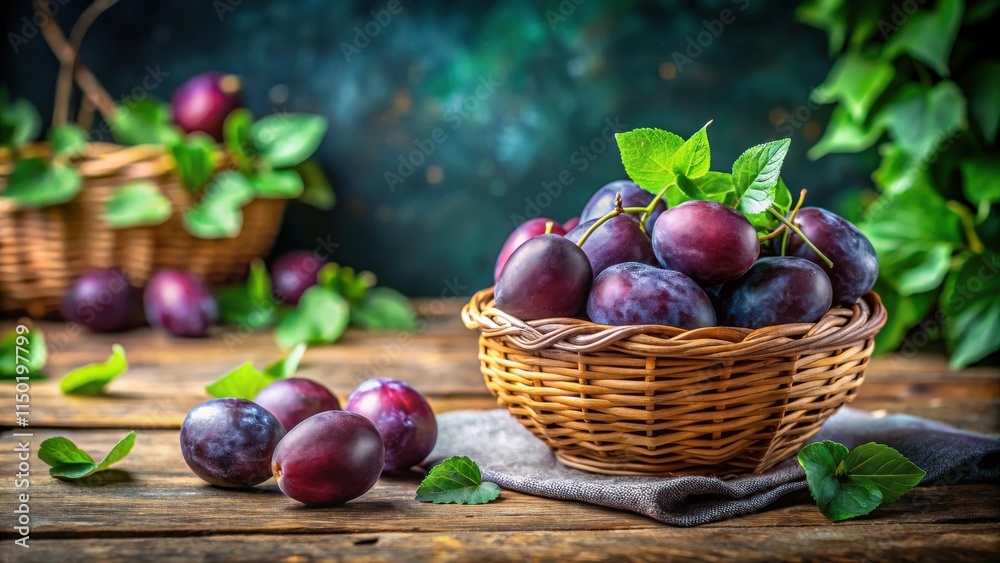 Plums in a wicker basket, surrounded by leaves on a rustic wooden table, a still life of fresh fruit Plums in a wicker basket, surrounded by leaves on a rustic wooden table, a still life of fresh fruit