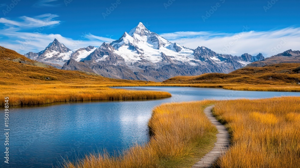 Fototapeta premium Wide Angle Scenic Beauty Majestic Mountains and Serene River Views