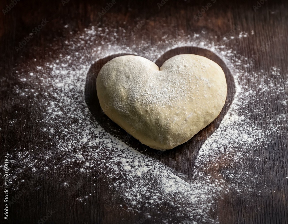 Obraz premium Generated image A raw, uncooked heart-shaped dough sits amidst a dusting of flour on a dark, rustic kitchen