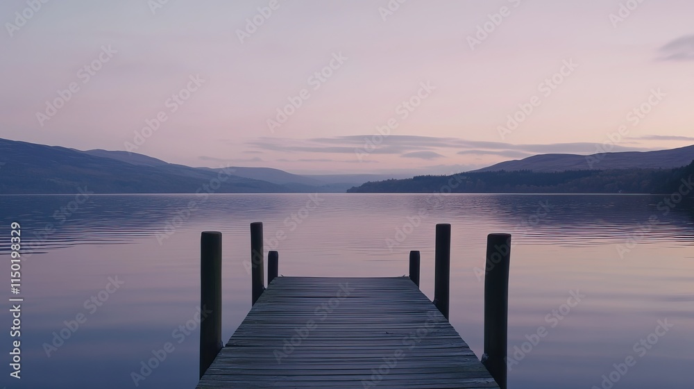 Fototapeta premium Elegant Minimalist Wooden Dock at Dawn, Calm Lake Reflecting Soft Pastel Blue and Purple Sky, Serene Nature Landscape