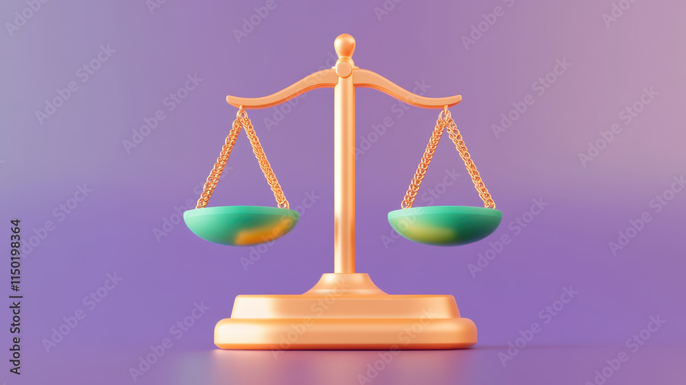 golden balance scale symbolizes fairness and justice, set against soft purple background golden balance scale symbolizes fairness and justice, set against soft purple background