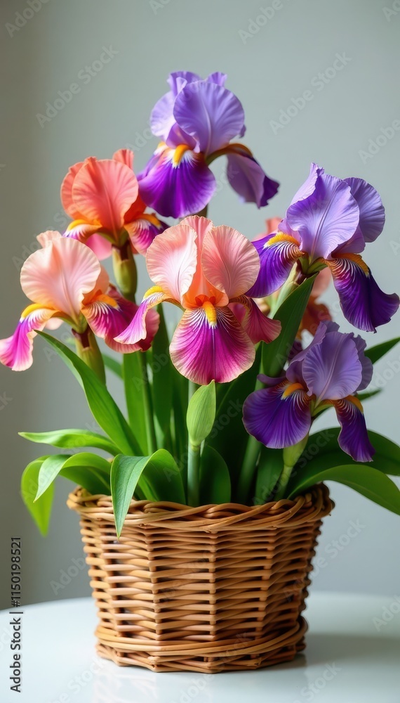 Naklejka premium Colorful bearded iris flowers arranged in a wicker basket, rustic, bearded iris