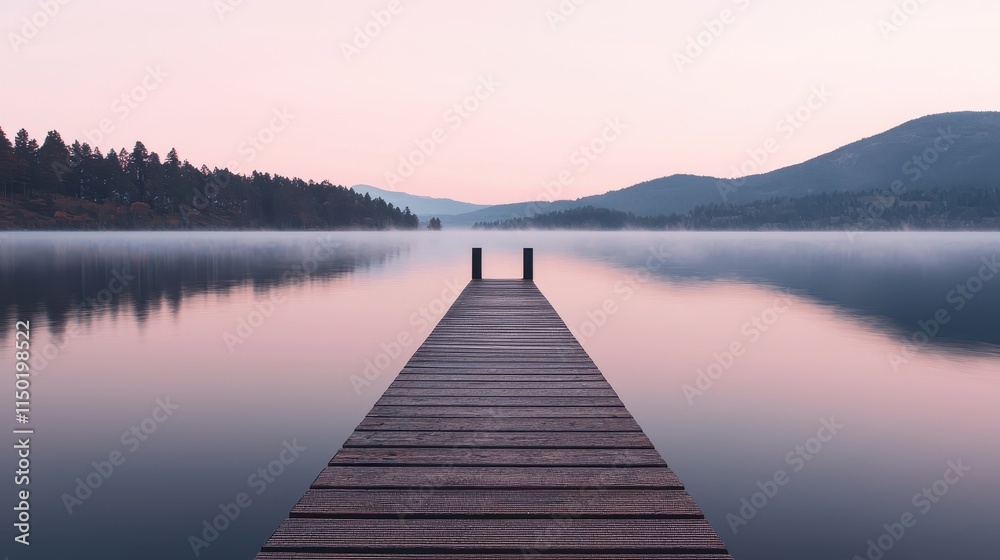 A serene wooden dock extending into a calm lake, surrounded by misty mountains, capturing a tranquil and peaceful atmosphere at dawn.
