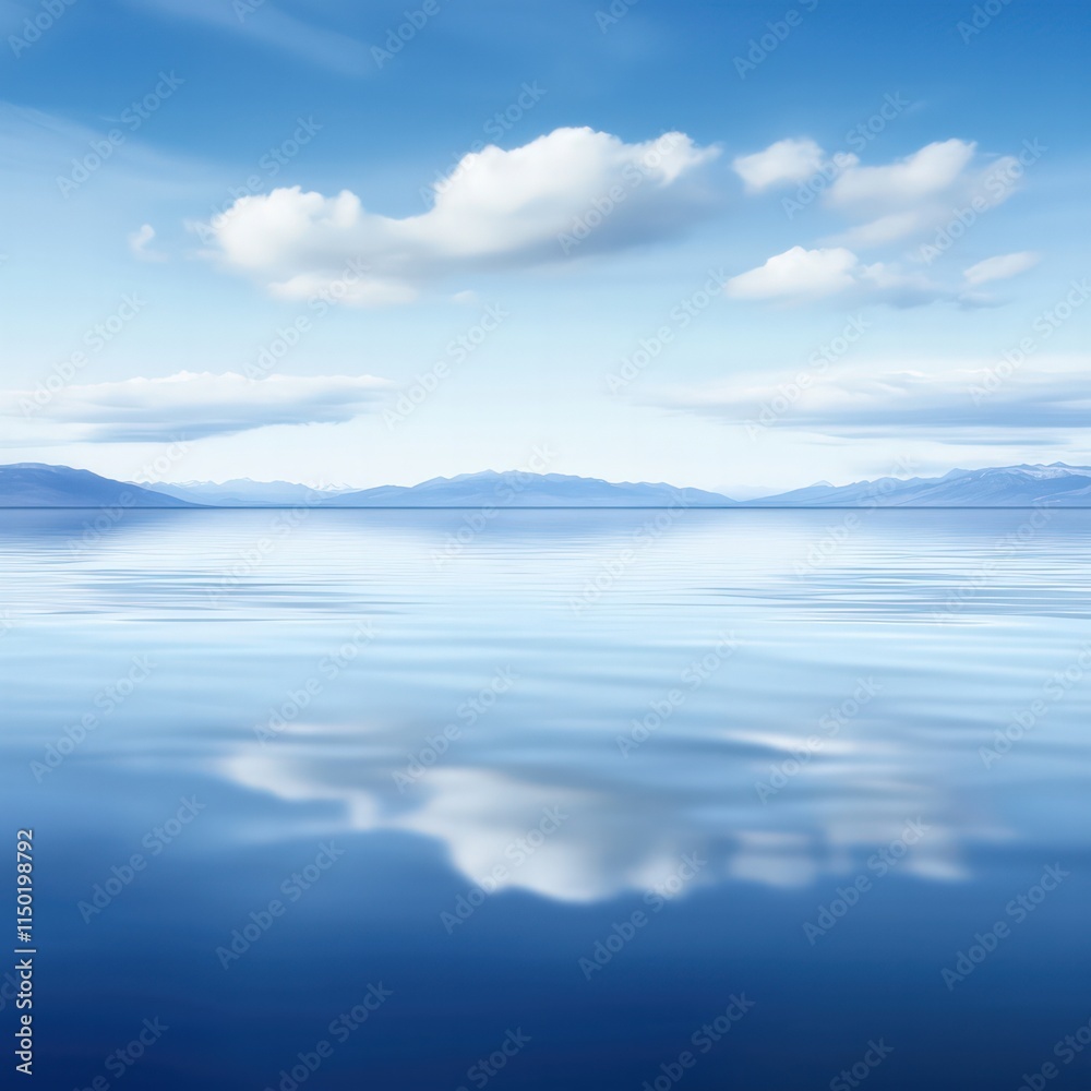 Fototapeta premium A serene landscape featuring calm water reflecting blue skies and fluffy clouds, creating a tranquil and peaceful atmosphere.