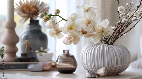 A polished arrangement of decorative items on white, showcasing timeless elegance and simplicity,
