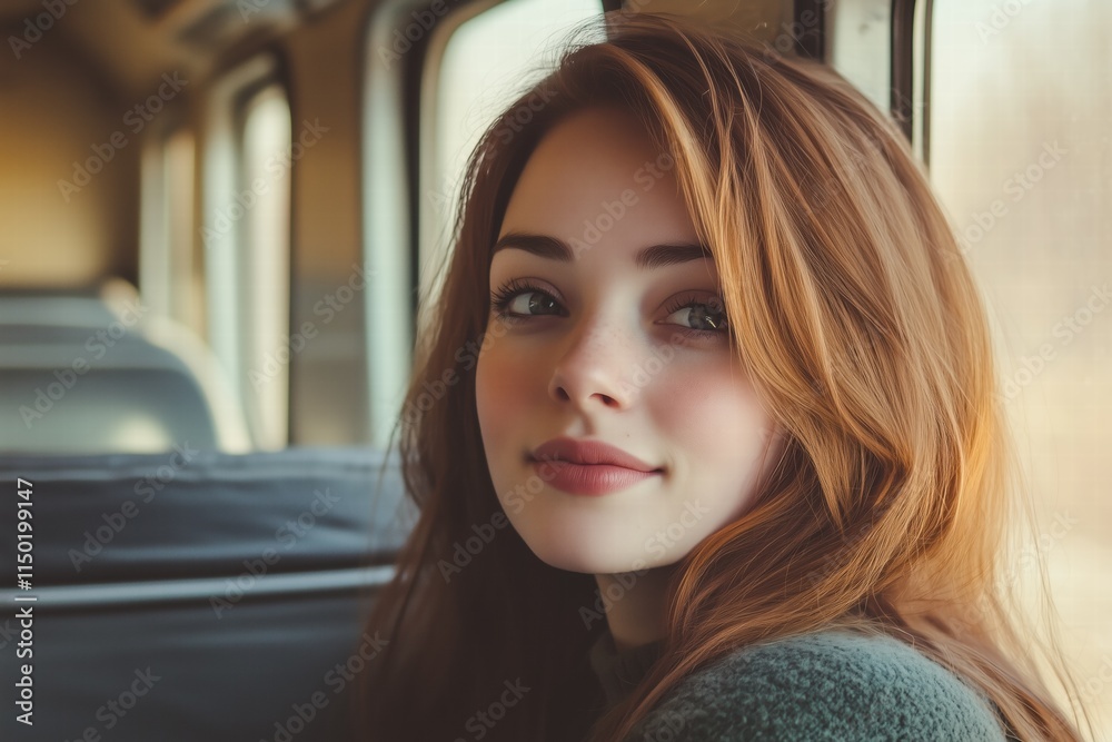 Obraz premium A young woman with long, wavy red hair sits by a train window, smiling softly. The interior of the train is softly lit, creating a warm atmosphere.