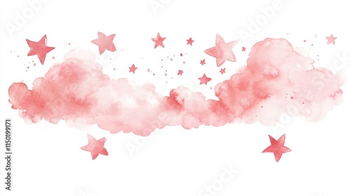 watercolour illustration of pink stars and cloud isolated on white background