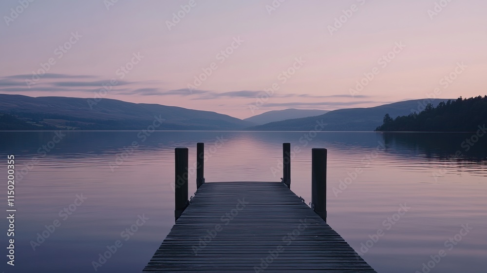 Elegant Minimalist Wooden Dock at Dawn, Calm Lake Reflecting Soft Pastel Blue and Purple Sky, Serene Nature Landscape