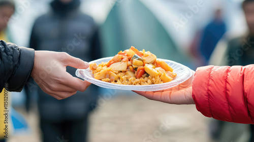 A volunteer hand gives a plastic plate of food to a refugee in a camp. Volunteers helps to donate free food to the starving refugee people.