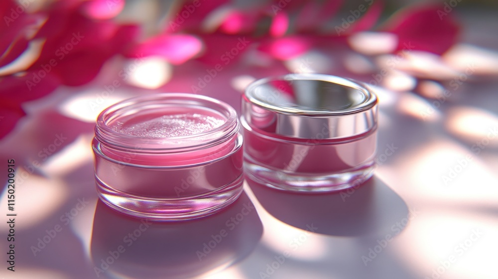 Two pink cosmetic jars with cream, soft light, on a light pink background with petals. Two pink cosmetic jars with cream, soft light, on a light pink background with petals.