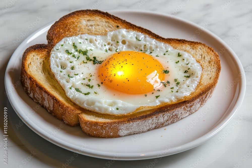Delicious fried egg on toast served on a white plate with herbs Delicious fried egg on toast served on a white plate with herbs