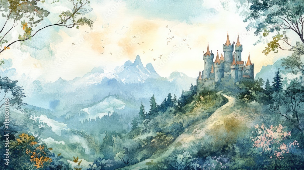 watercolour landscape painting of fairy tale castle on hill