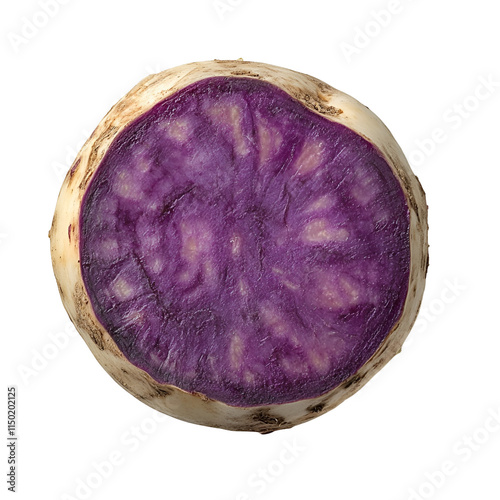 Extreme top view of an extremely perfect looking single rutabaga cut in half isolated on a white transparent background