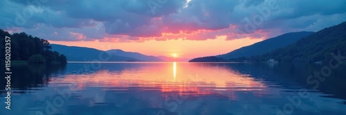 Blue striped background with a serene lake scene at sunset, blue stripes, peaceful