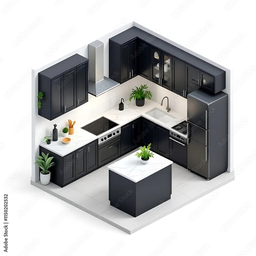 Modern Dark Kitchen Isometric View Minimalist Design White Countertops Modern Dark Kitchen Isometric View Minimalist Design White Countertops