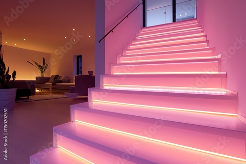 A staircase bathed in soft pink LED strip lights, leading up to a cle minimalist photo