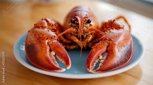 This image features a freshly cooked lobster presented on a blue plate, showcasing the vibrant red shell and impressive claws, ideal for seafood cuisine promotions. photo