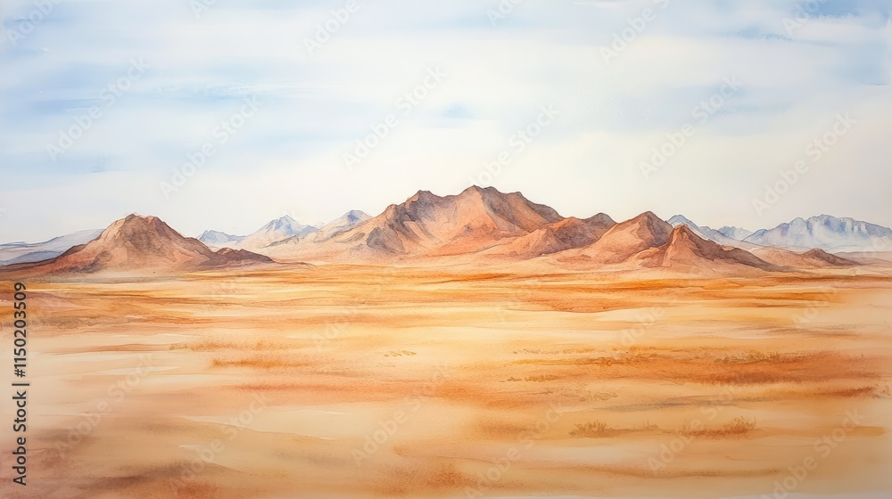 watercolour painting of the desert landscape, a picturesque arid environment in soft natural harmonious colours