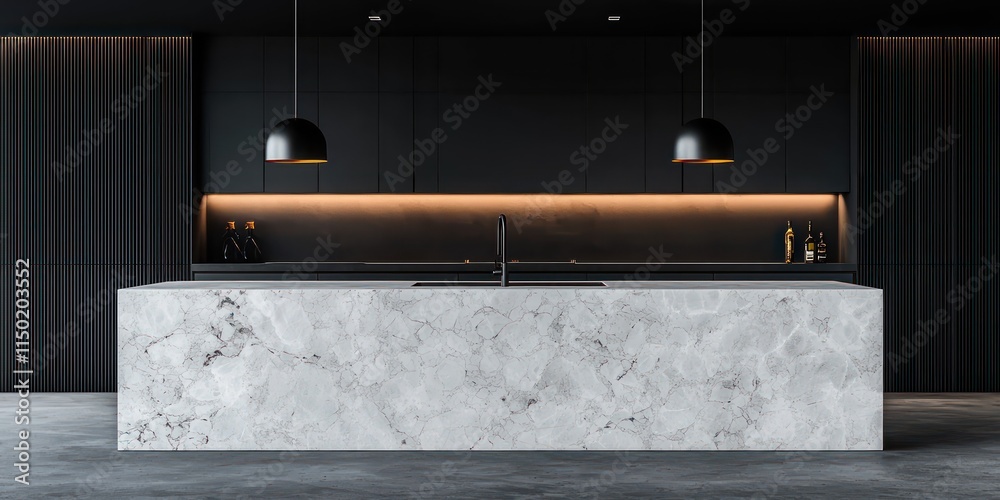 A stylish and minimalist kitchen with a white stone marble island, deep black cabinets, and
