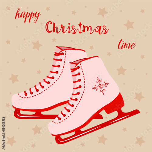 Greeting card with Christmas ice skates. Happy Christmas time. Vector illustration.