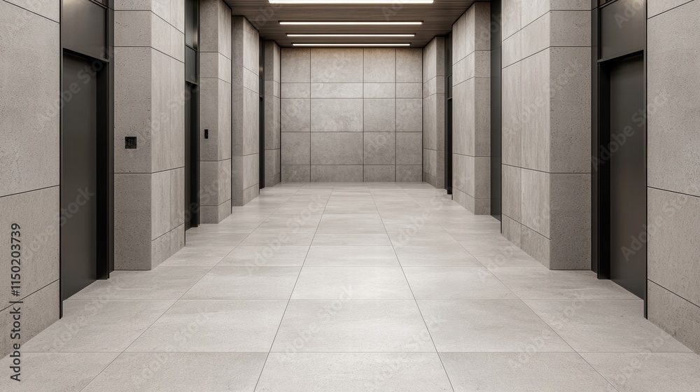 Modern elevator lobby with sleek concrete walls and minimalist design. Modern elevator lobby with sleek concrete walls and minimalist design.