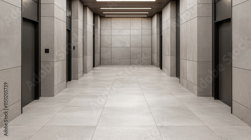 Modern elevator lobby with sleek concrete walls and minimalist design.