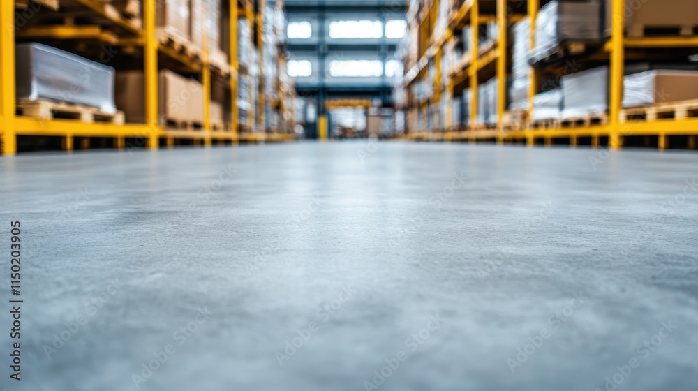 Warehouse interior with shelves filled with boxes and a concrete floor. Warehouse interior with shelves filled with boxes and a concrete floor.