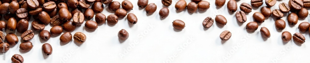 Obraz premium Panoramic coffee beans scattered on white surface, showcasing vibrant colors and texture, bean selection, photography