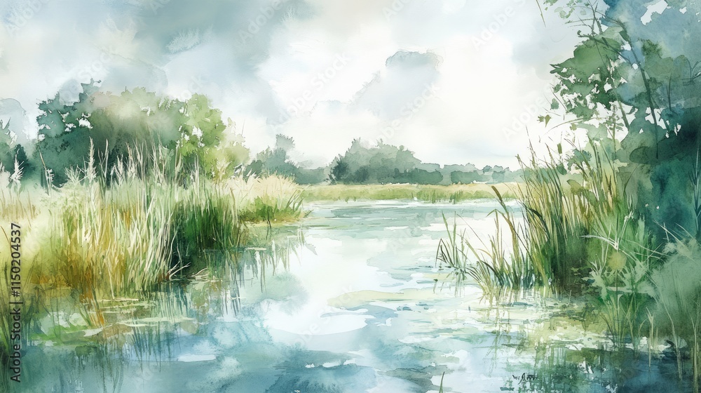 watercolour painting of the marsh landscape, a picturesque wetland environment in soft natural harmonious colours