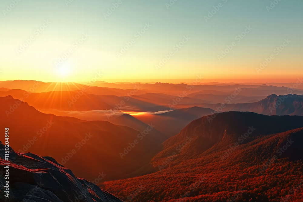 Naklejka premium Breathtaking sunset over mountains with vibrant colors and misty valleys Generative Ai