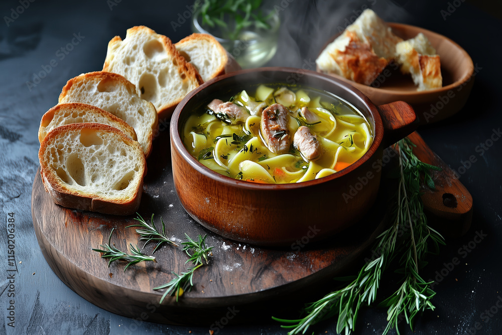 Warm soup with noodles and herbs, served with fresh bread slices. Generative Ai Warm soup with noodles and herbs, served with fresh bread slices. Generative Ai