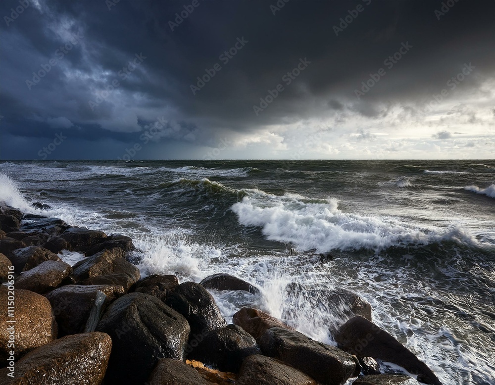 Obraz premium Generated image A stormy Baltic Sea with dark clouds gathering, waves crashing dramatically