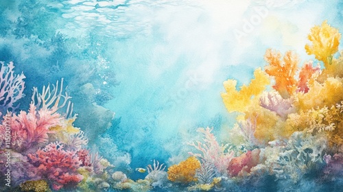 Fototapeta Naklejka Na Ścianę i Meble -  watercolour painting of the underwater ocean reef landscape, a picturesque natural environment in soft harmonious colours