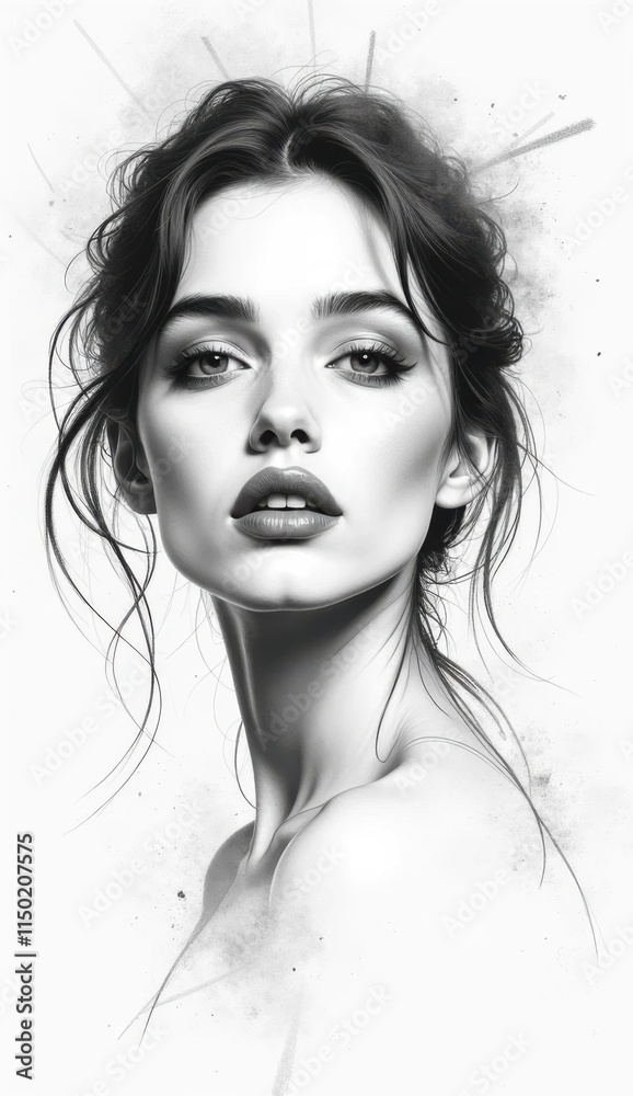Naklejka premium a black and white drawing of a woman with a messy hair